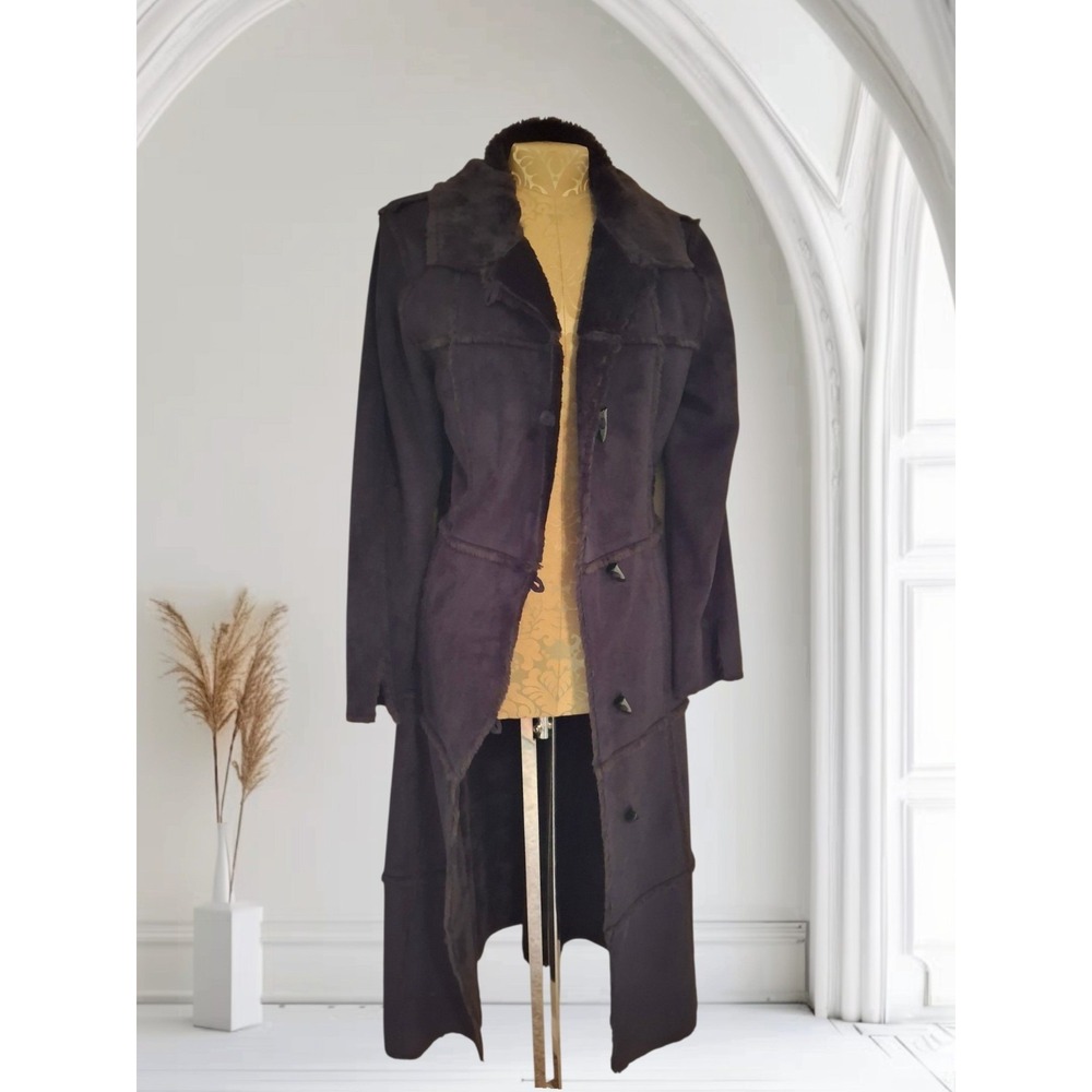 Y2K Vintage Faux Suede Faux Fur Lined Patchwork Long Coat Sex In The City Vibe M